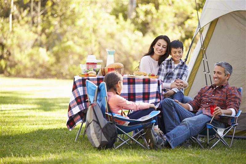A family of four having a picnic at a campground