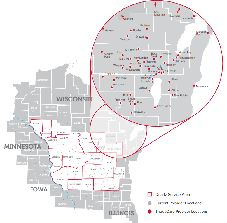 A map of Wisconsin showing ThedaCare provider locations