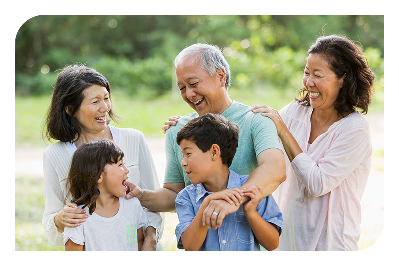 A multi-generational family of five in a park